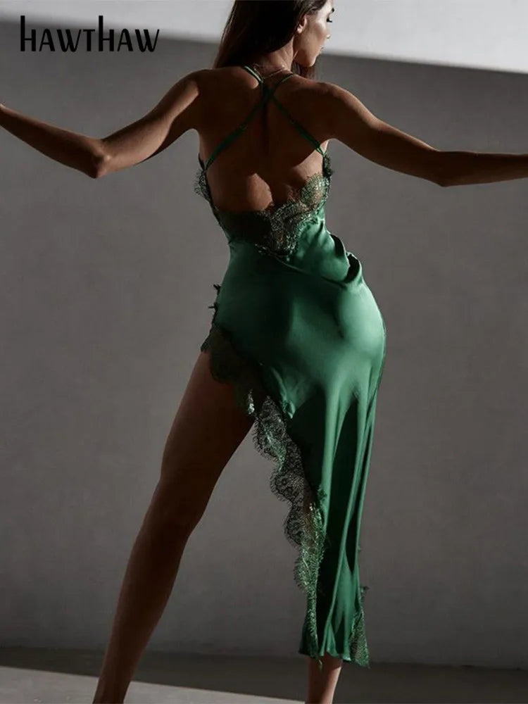 Hawthaw Women Sexy Lace Party Club Backless Bodycon Stain Black Straps Midi Dress Summer Fashion Clothes Wholesale Items Y2K