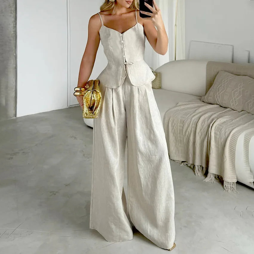 Mueyaruho Women 2025 Summer Office Pant Set Suits Solid Beige Outfits 2 Two Piece Wide Leg Matching Set For Women