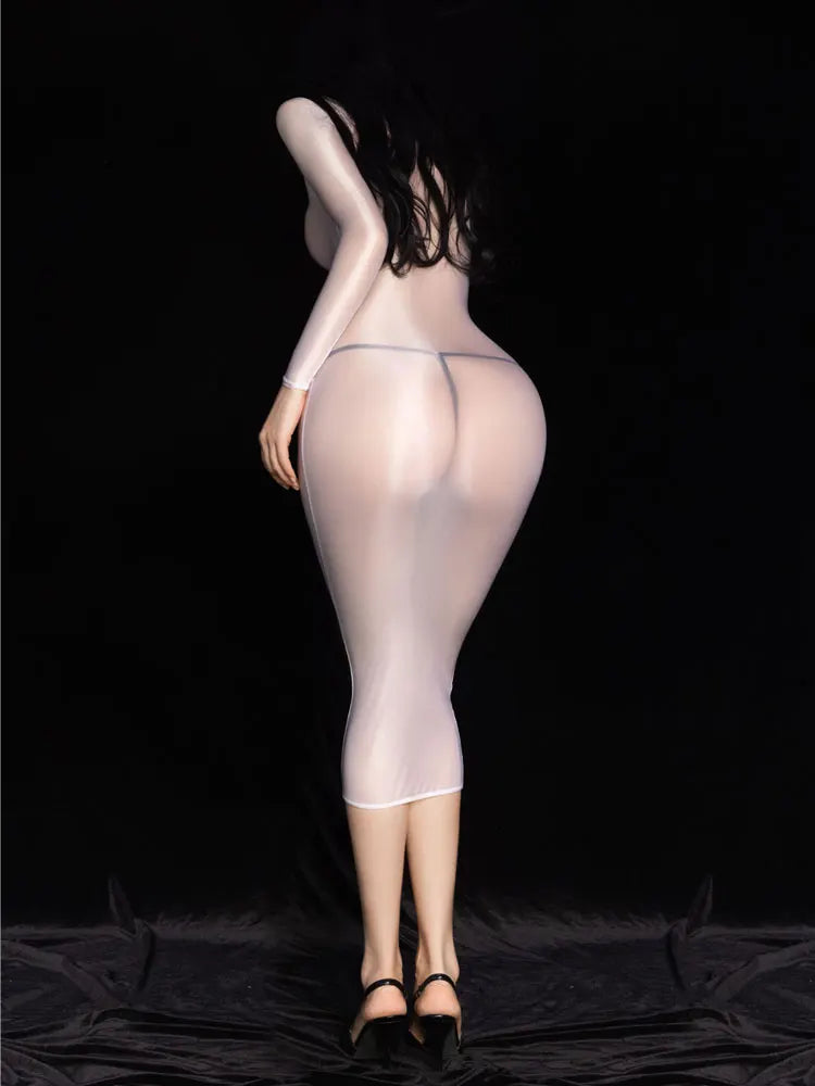 Sexy Women Bodycon Micro Mini Dress Sheer See Through Oil Glossy Shiny Tight Dress Female Hip Up Dress Elastic Pencil Dress Part