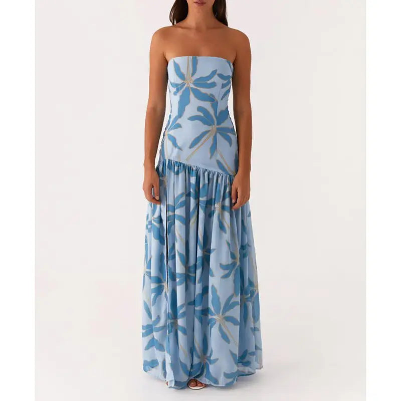 Combhasaki Women Summer Floral Tie-dye Print High Split Backless Ruffled Hem Long Strapless Tube Dress Party Beach Streetwear