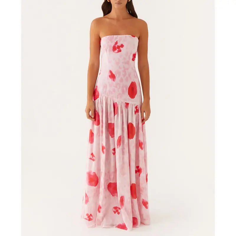 Combhasaki Women Summer Floral Tie-dye Print High Split Backless Ruffled Hem Long Strapless Tube Dress Party Beach Streetwear