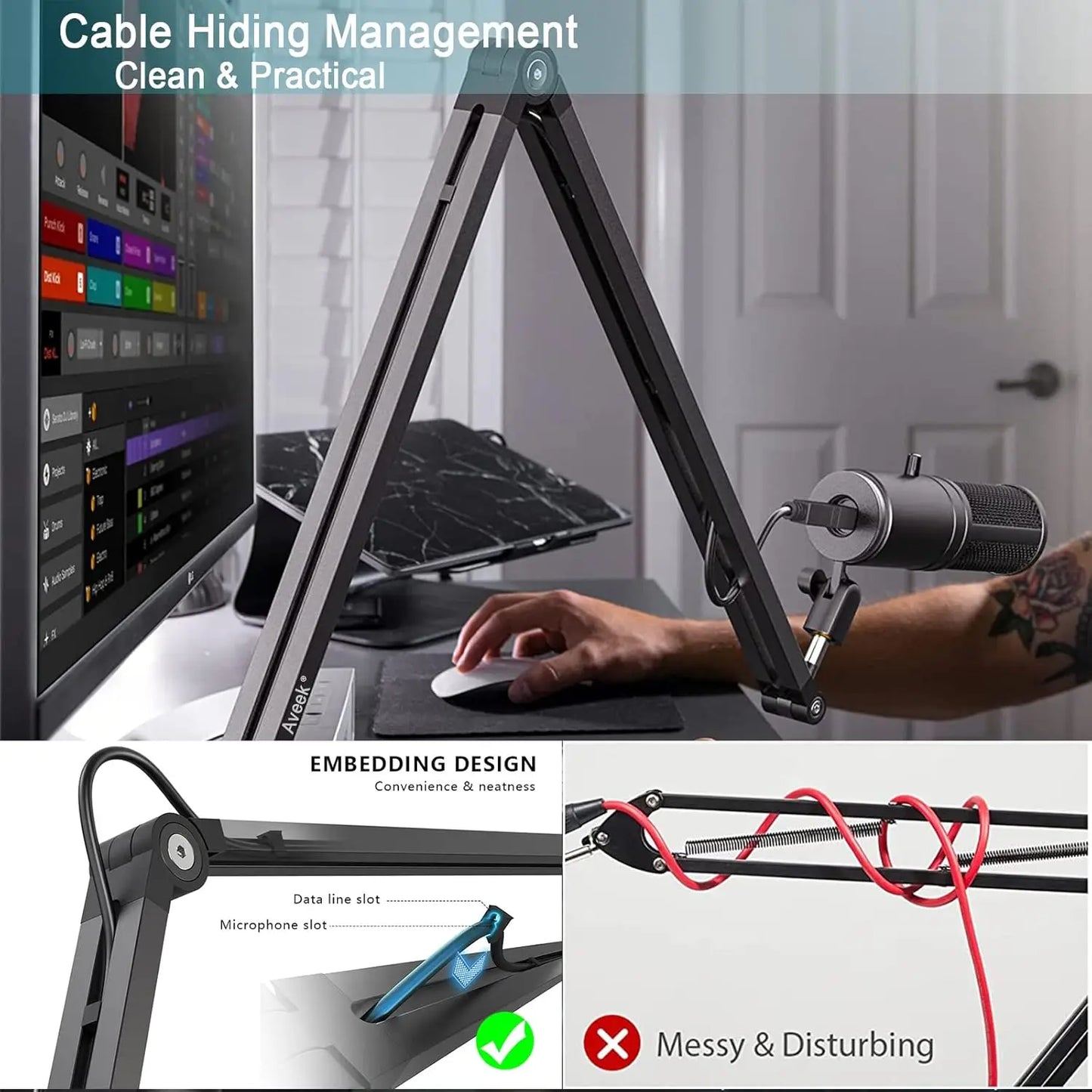 Boom Arm Mic Stand, Aveek Adjustable Desktop Metal Microphone Arm for HyperX QuadCast/Blue Yeti,Rotatable Scissor Microphone Arm