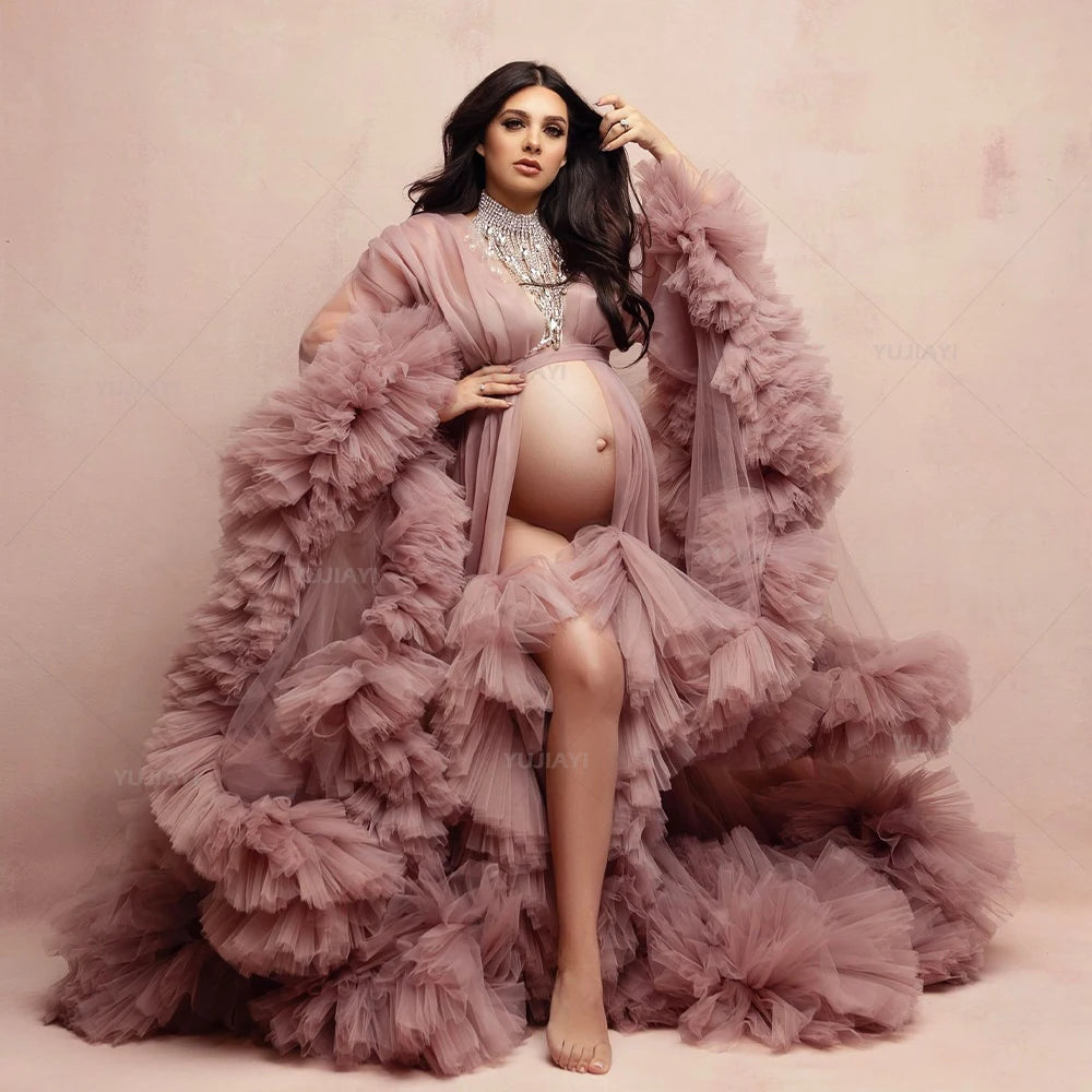 Maternity Dresses for PhotoShoot Gown Ruffled Tiered Customized Pregnant Women Tulle Robe Prom Party Bridal Sleepwear Nightwear