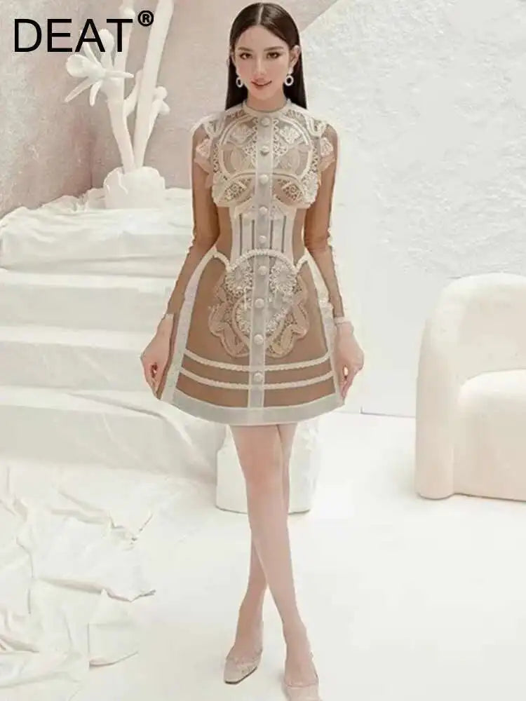 DEAT Women's O-neck Long Sleeve Single Breasted Dress Fashion Embroidery New Waist Patchwork Casual Dresses Autumn 2025 13DB3647