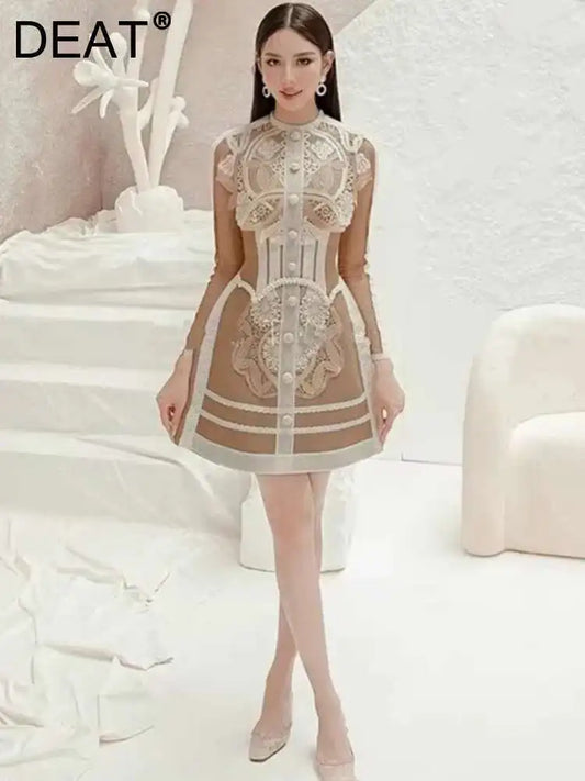 DEAT Women's O-neck Long Sleeve Single Breasted Dress Fashion Embroidery New Waist Patchwork Casual Dresses Autumn 2025 13DB3647