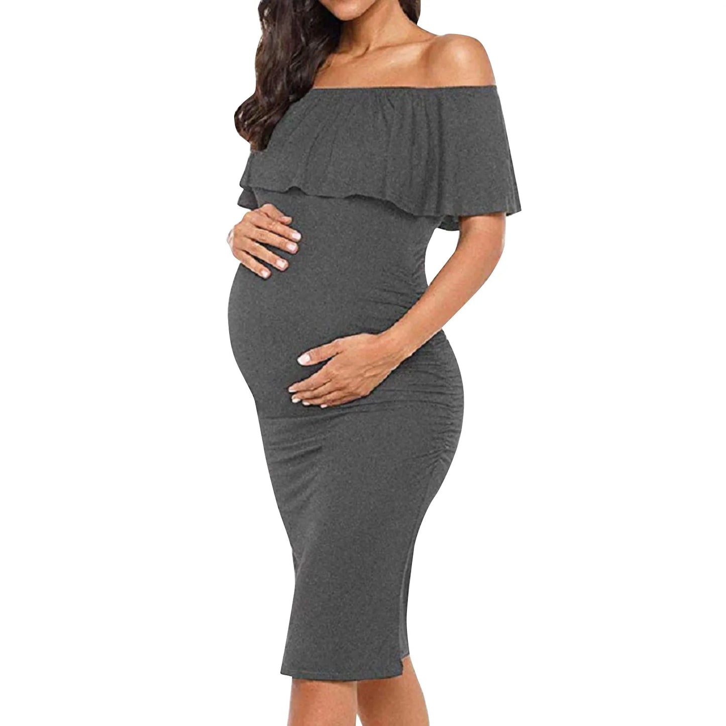 Pregnant Women Pregnancy Dress Fashion Short Sleeve Slash Neck Solid Ruffles Mama Dress Maternity Clothing Dresses