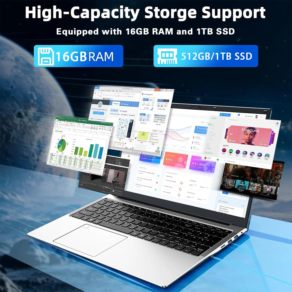 ACEKAMAS 17.3 inch Gaming Laptop PC Windows 11 Pro Intel N5095 Office Computer 16GB DDR4 1TB SSD Fingerprint Notebook Gamer PC