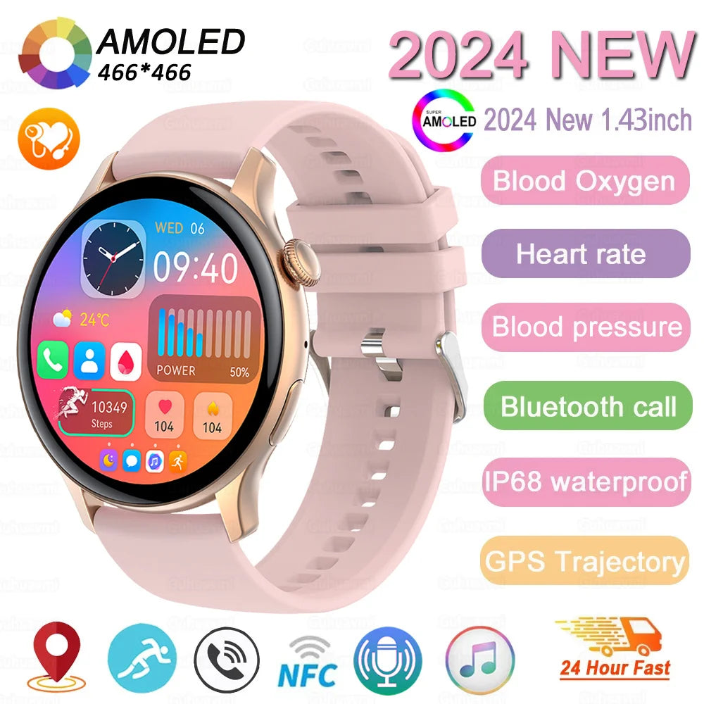 2024 New GPS Smart Watch Women True AMOLED 466*466 HD Screen Health Tracker Sports NFC Voice Bluetooth Call Smartwatches Ladies