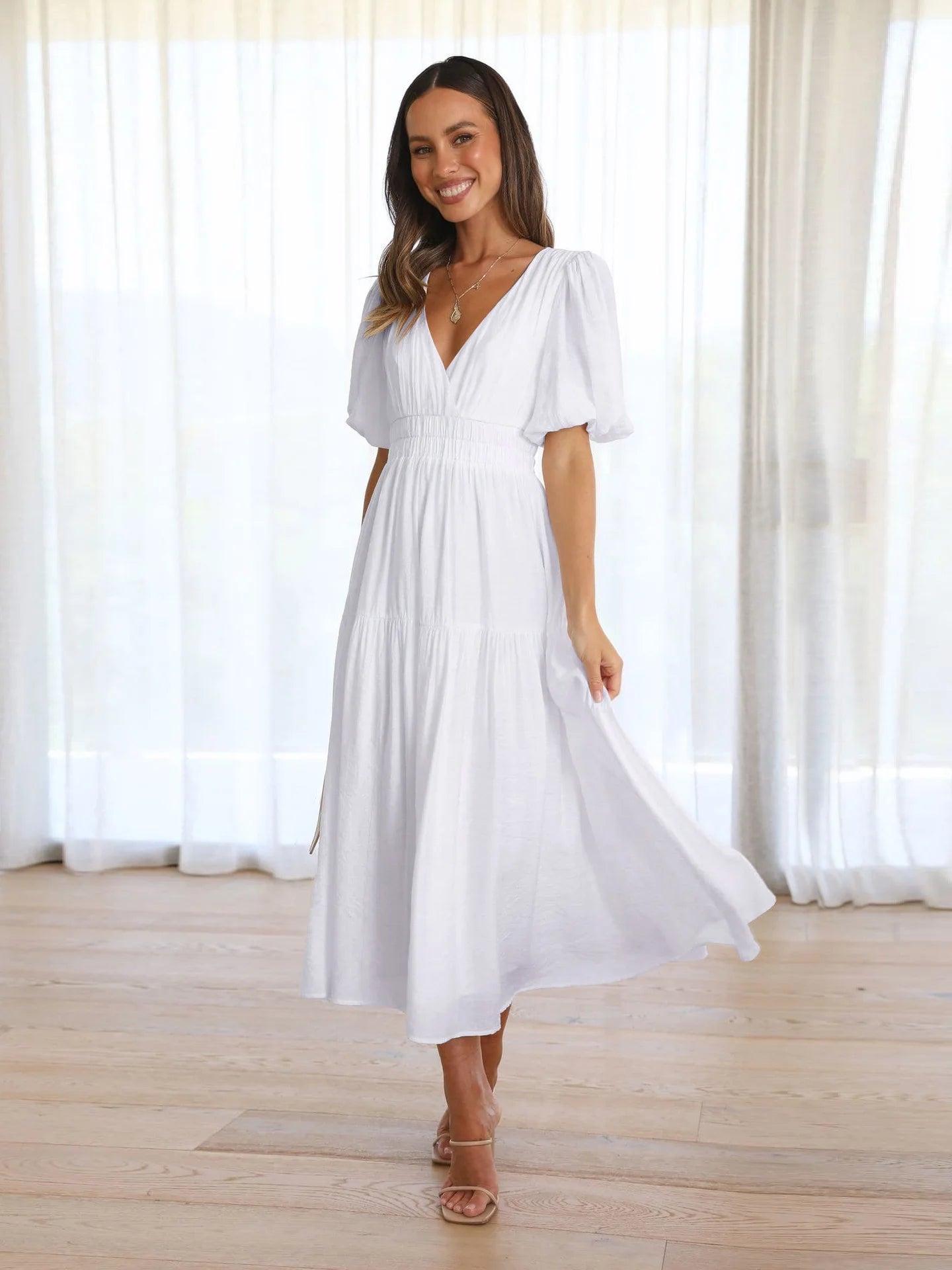 Chic Vintage Lantern Sleeve Ruffles White Dress Women Causal V-neck High Waist Midi Dress Sexy Party Dress Ladies Summer Dress