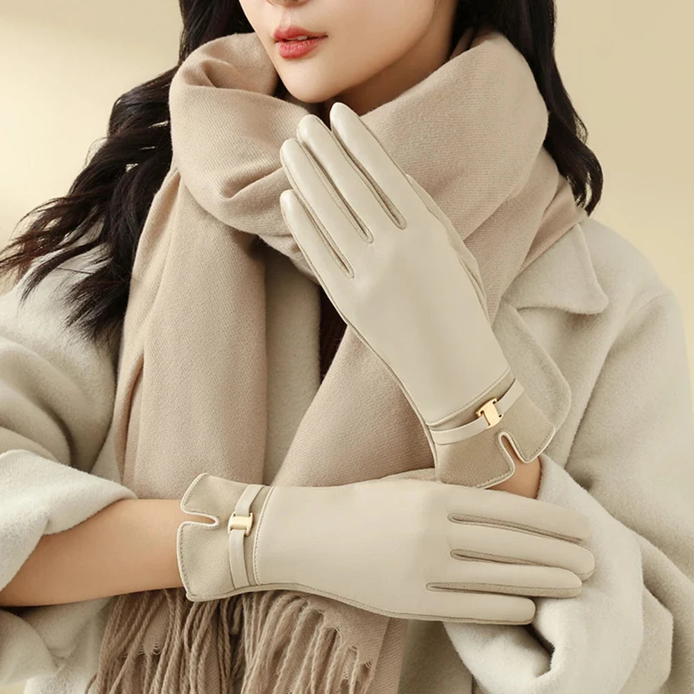 Women Winter Suede Leather Keep Warm Touch Screen Fashion Elegant Gloves Business Style Lightly Waterproof Metal Buckle