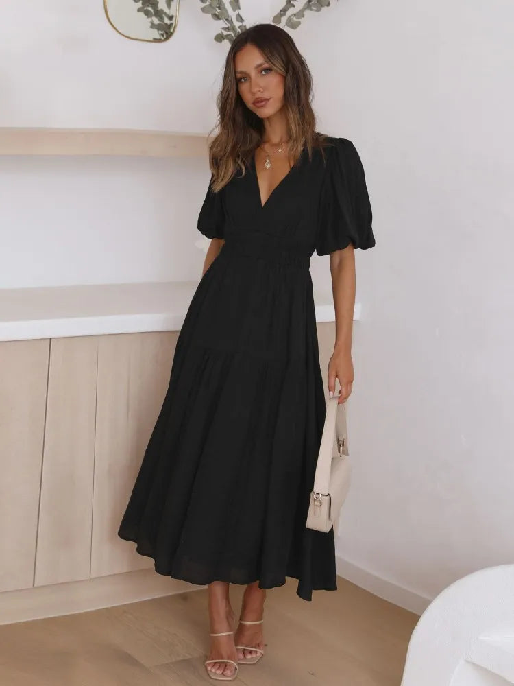 Chic Vintage Lantern Sleeve Ruffles White Dress Women Causal V-neck High Waist Midi Dress Sexy Party Dress Ladies Summer Dress