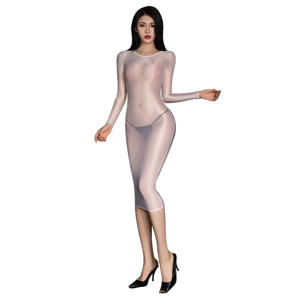 Sexy Women Bodycon Micro Mini Dress Sheer See Through Oil Glossy Shiny Tight Dress Female Hip Up Dress Elastic Pencil Dress Part