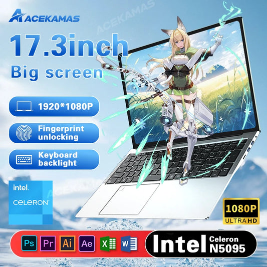 ACEKAMAS 17.3 inch Gaming Laptop PC Windows 11 Pro Intel N5095 Office Computer 16GB DDR4 1TB SSD Fingerprint Notebook Gamer PC