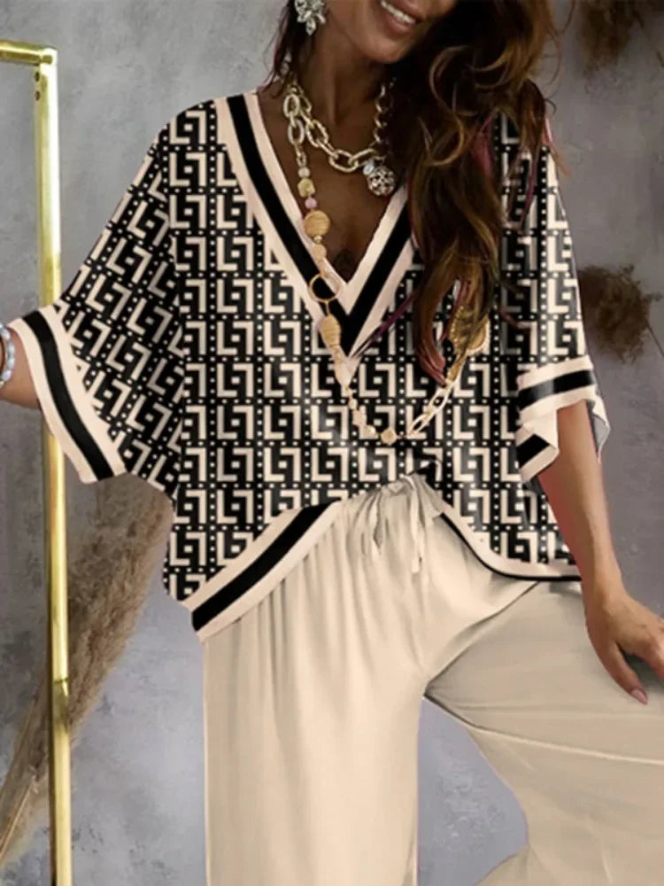 Missuoo 2025 Summer New Women's Casual Suit V-neck Printed T-shirt Top and Drawstring Wide Leg Pants Loose Fit Pants Set