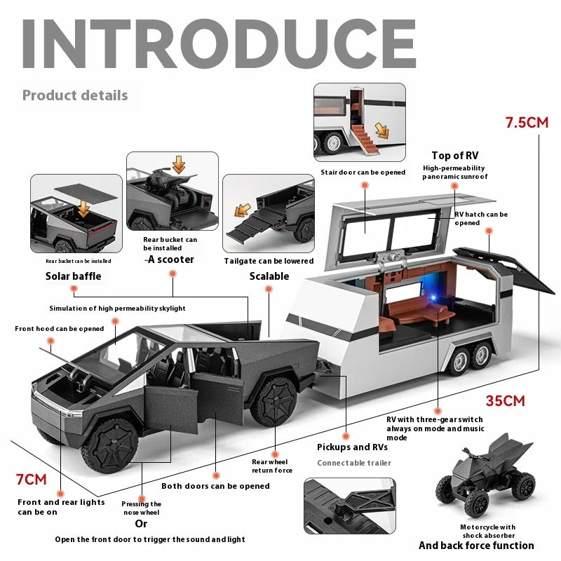 1/32 Cybertruck Pickup Trailer RV Metal Alloy Toys Car Model Diecast Off-road Vehicle Gift For Boys Kids Collection