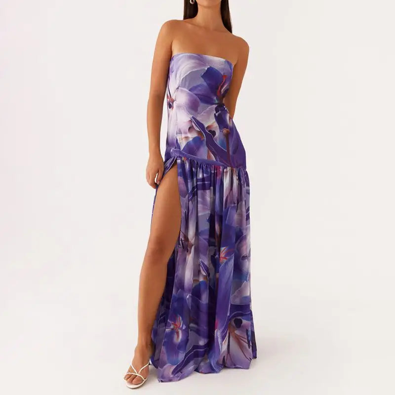 Combhasaki Women Summer Floral Tie-dye Print High Split Backless Ruffled Hem Long Strapless Tube Dress Party Beach Streetwear