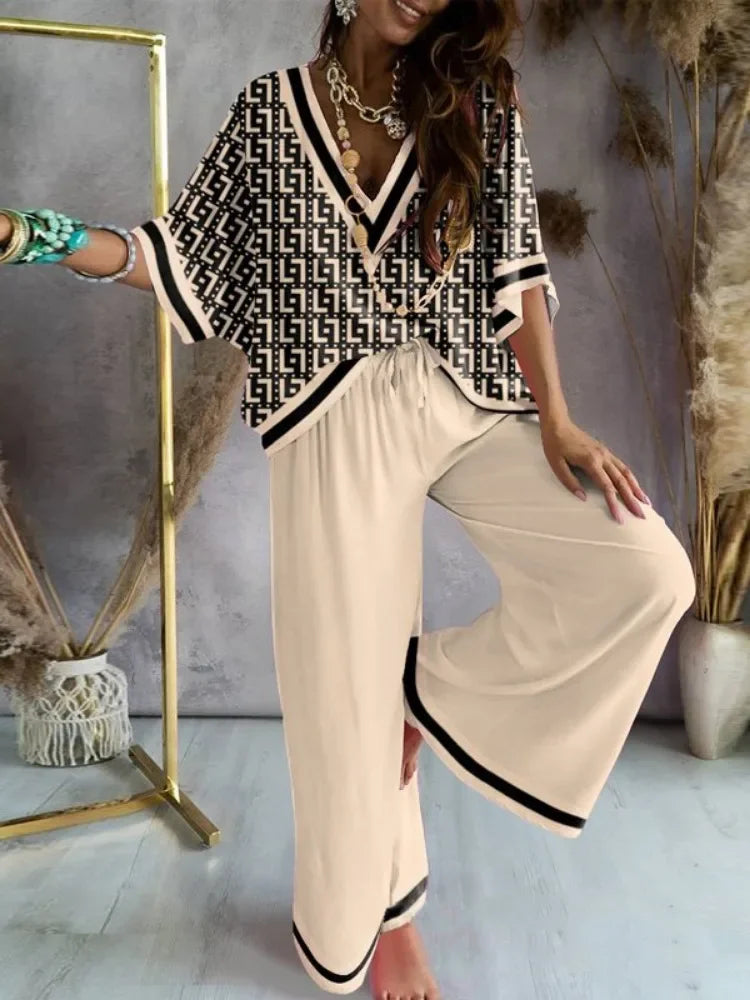 Missuoo 2025 Summer New Women's Casual Suit V-neck Printed T-shirt Top and Drawstring Wide Leg Pants Loose Fit Pants Set