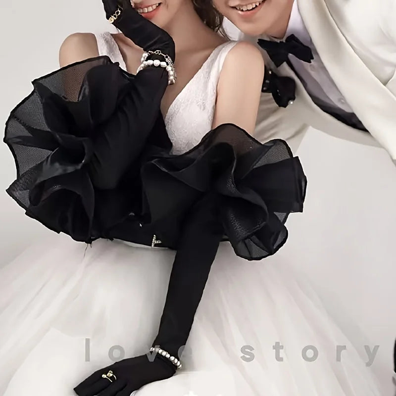 Bridal Gloves Black Gold Velvet Wedding Dress Hand Sleeves Studio Style Black Long Sleeves Cover Arms