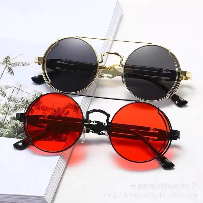Gothic Steampunk Sunglasses Men Round Red Lens Punk Sun Glasses High Quality Metal Frame Sun Glasses Women UV400 Shades