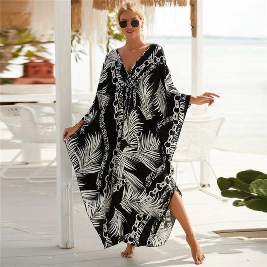 Women's Plus Size Animal Print V-Neck Batwing Kaftan Beach Dress Bathing Suit Cover-Up Loungewear