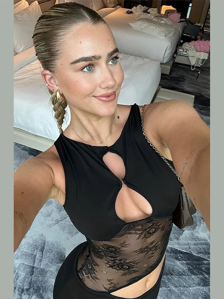 Patchwork Mesh Women Dresses Sexy O Neck Sleeveless Hollow Backless Leaky Waist Slim Long Dress 2025 New Lace Hollow Club Robes