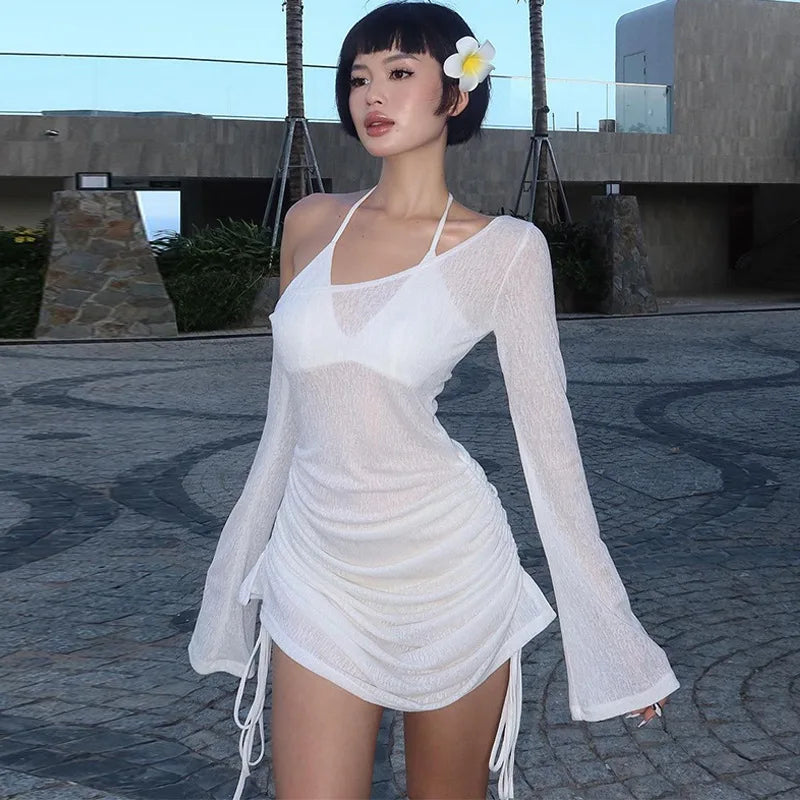 Women's summer and autumn new products Light pure hot girl style fashionable cool off-shoulder long-sleeved sexy pleated dress