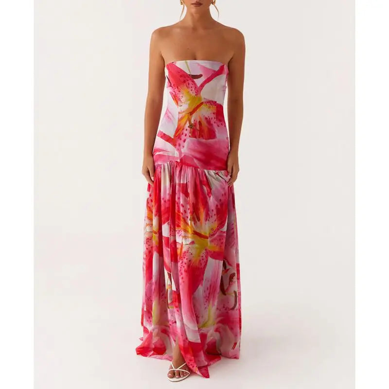 Combhasaki Women Summer Floral Tie-dye Print High Split Backless Ruffled Hem Long Strapless Tube Dress Party Beach Streetwear