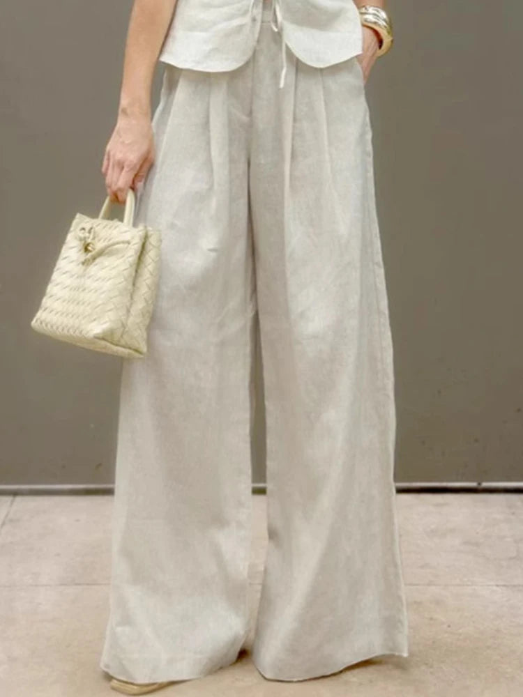 Mueyaruho Women 2025 Summer Office Pant Set Suits Solid Beige Outfits 2 Two Piece Wide Leg Matching Set For Women