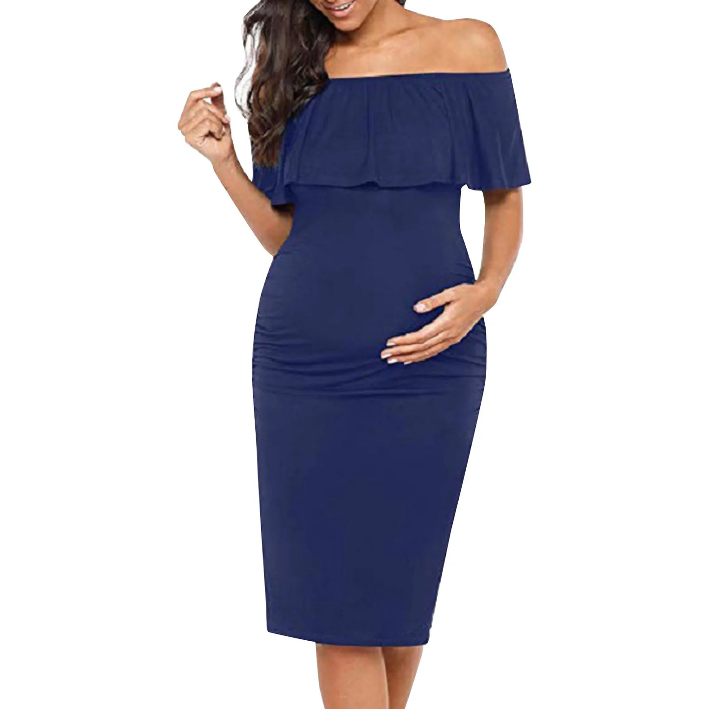 Pregnant Women Pregnancy Dress Fashion Short Sleeve Slash Neck Solid Ruffles Mama Dress Maternity Clothing Dresses