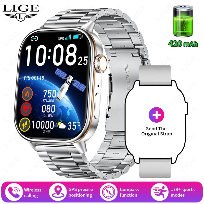 LIGE GPS Trajectory Smart Watch Women 2.01" HD Screen Compass Bluetooth Call Heart Rate Blood Oxygen Men Smartwatches 2025 New