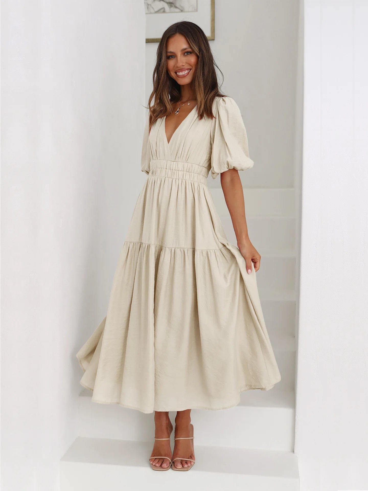 Chic Vintage Lantern Sleeve Ruffles White Dress Women Causal V-neck High Waist Midi Dress Sexy Party Dress Ladies Summer Dress