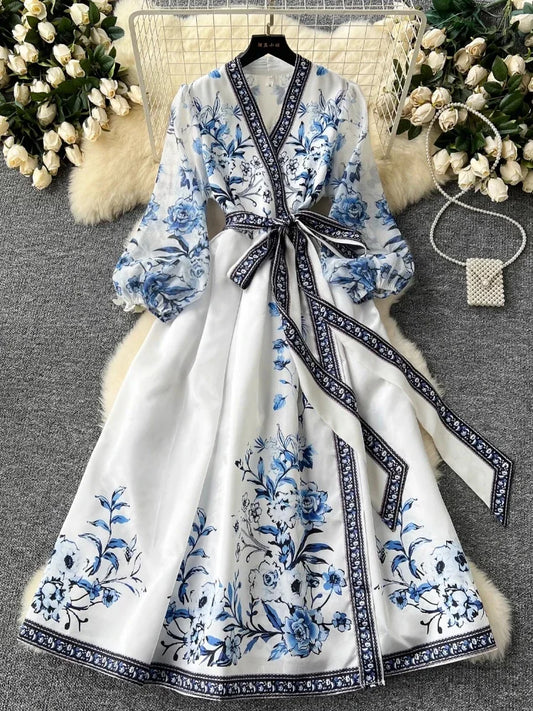 French Gorgeous Flower Holiday Long Dress Women's V-Neck Long Lantern Sleeve Lace Up Vintage Maxi Robes Party Vestidos Clothes