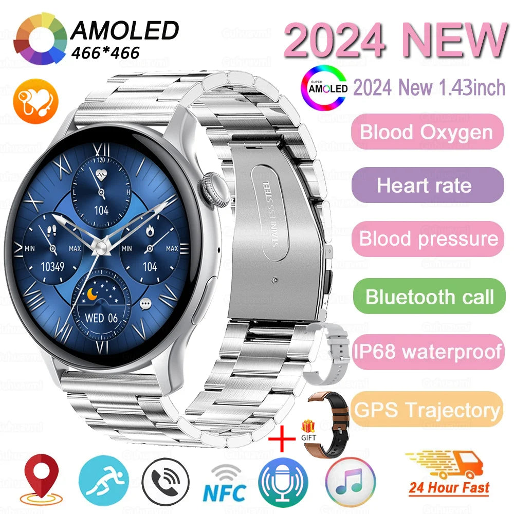 2024 New GPS Smart Watch Women True AMOLED 466*466 HD Screen Health Tracker Sports NFC Voice Bluetooth Call Smartwatches Ladies