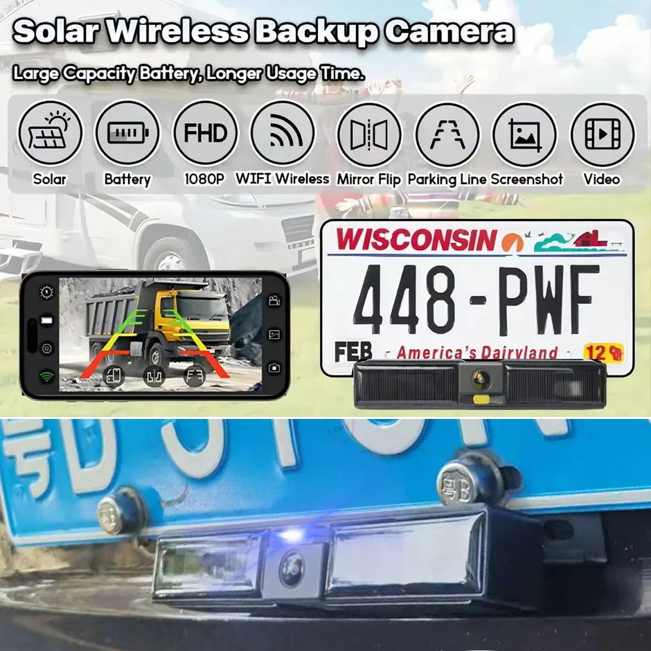 WiFi Wireless Solar Energy 1080P Rear/Front License Camera   Built-in Battery for IPhone Android Phone for Truck Car Van RV