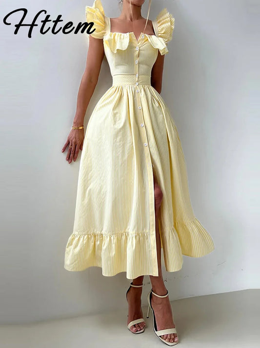 Elegant Blue Striped Ruffled Button Long Dress Women Slim Square Neck Sleeveless Party Female Dresses 2025 Summer Lady Robe