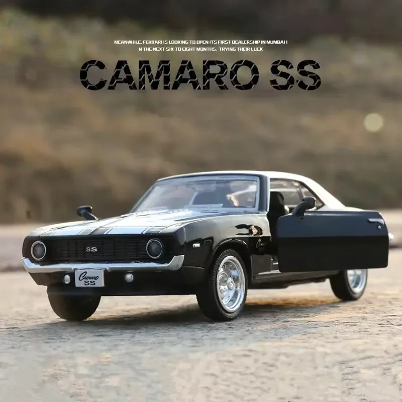 1:36 Chevrolet USA 1969 Camaro SS Vintage Matte Black Diecast Metal Car Model Toy For Collection Gift Kids A318