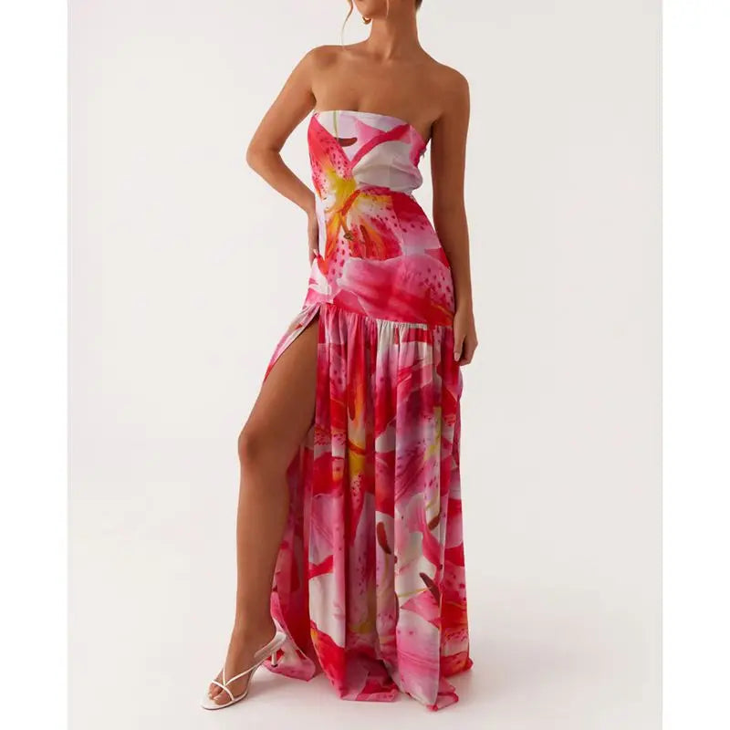 Combhasaki Women Summer Floral Tie-dye Print High Split Backless Ruffled Hem Long Strapless Tube Dress Party Beach Streetwear