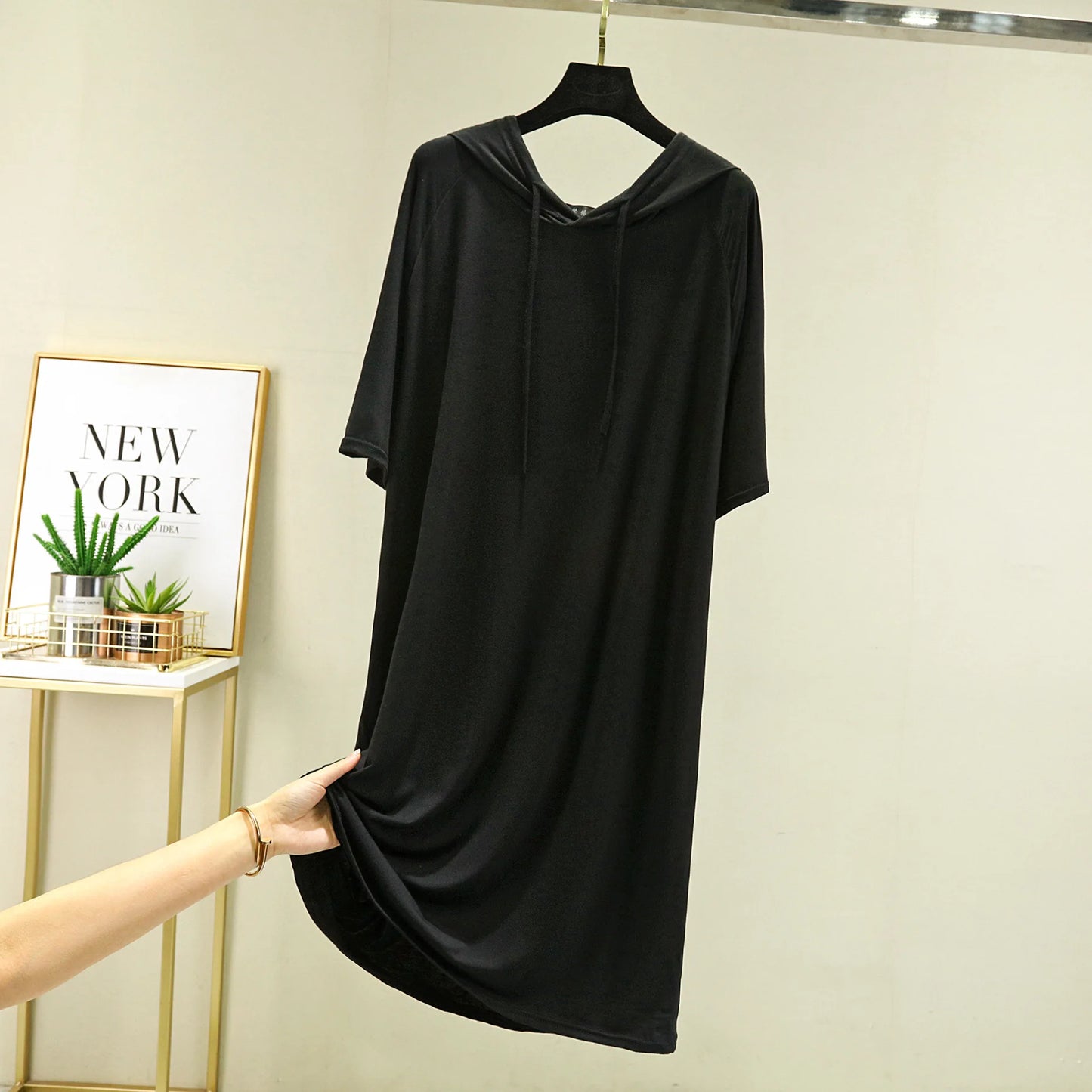 Spring Summer Hooded dress half sleeves Modal Casual Loose Long dress Solid colors female clothing streetwear