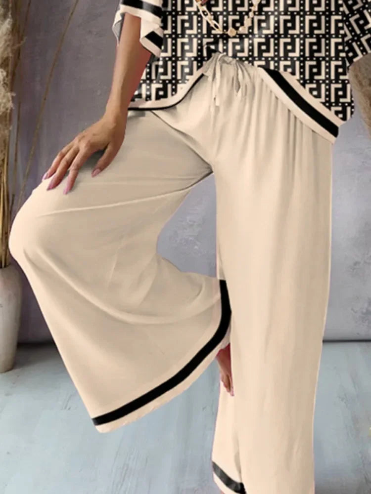 Missuoo 2025 Summer New Women's Casual Suit V-neck Printed T-shirt Top and Drawstring Wide Leg Pants Loose Fit Pants Set
