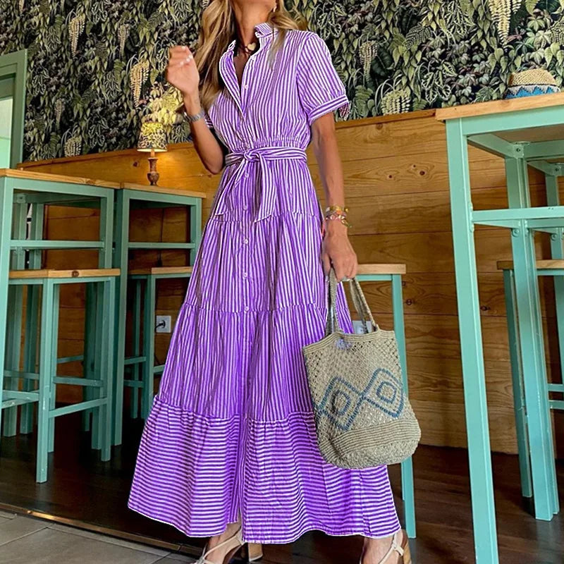 Fashion Striped Print Short-sleeved Loose Long Dress For Women 2024 Summer Casual Preppy style Lace-up Shirt Dresses Robe Femme