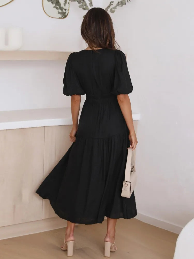 Chic Vintage Lantern Sleeve Ruffles White Dress Women Causal V-neck High Waist Midi Dress Sexy Party Dress Ladies Summer Dress