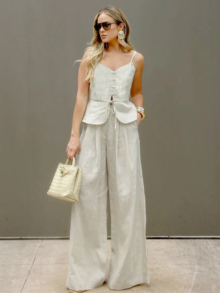 Mueyaruho Women 2025 Summer Office Pant Set Suits Solid Beige Outfits 2 Two Piece Wide Leg Matching Set For Women