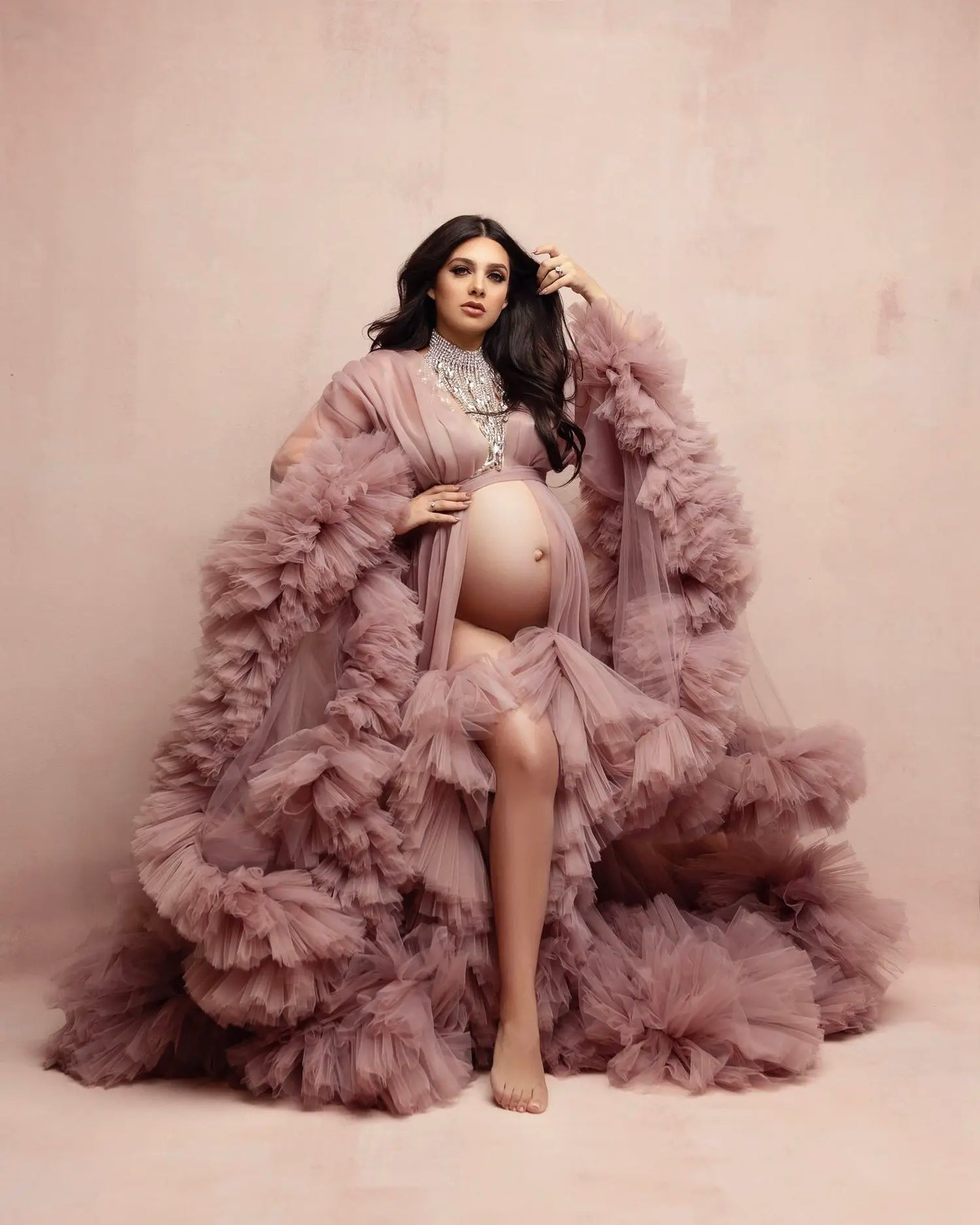 Maternity Dresses for PhotoShoot Gown Ruffled Tiered Customized Pregnant Women Tulle Robe Prom Party Bridal Sleepwear Nightwear