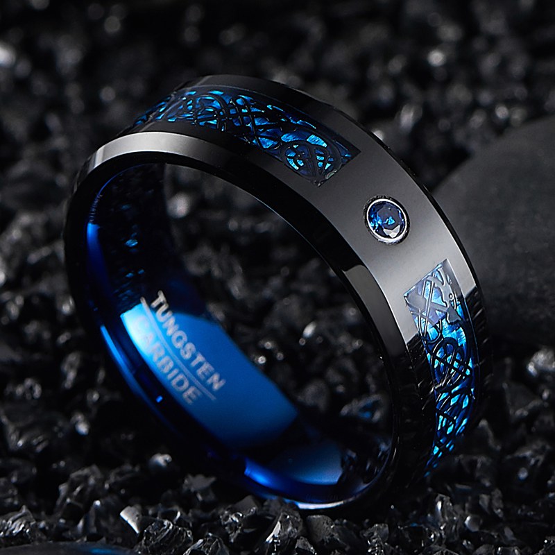 [1pc Blue Carbon Fiber Ring] 1pc 8MM Wide Inlaid Black Dragon Pattern Blue Carbon Fiber Men's Tungsten Ring USA Size 7-14