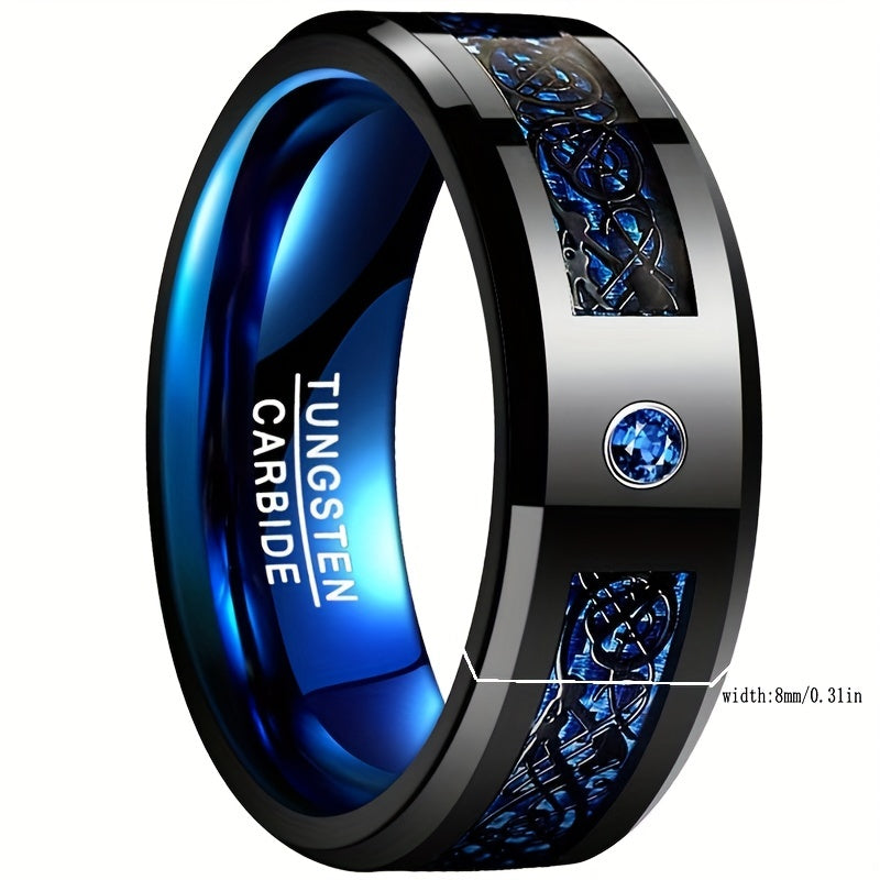 [1pc Blue Carbon Fiber Ring] 1pc 8MM Wide Inlaid Black Dragon Pattern Blue Carbon Fiber Men's Tungsten Ring USA Size 7-14