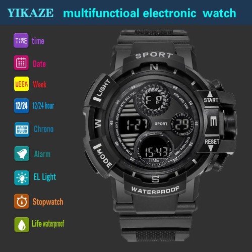 YIKAZE Black Digital Watch for Men Sports Watches Waterproof Outdoor Chronograph Hand Clock G Infantry Shock Student Wristwatch - 1511