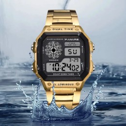 PANARS Top Luxury Stainless Steel Strap Sport Watches Mens Waterproof Back Light Digital Wristwatch Male Alarm 