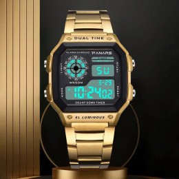 PANARS Top Luxury Stainless Steel Strap Sport Watches Mens Waterproof Back Light Digital Wristwatch Male Alarm 