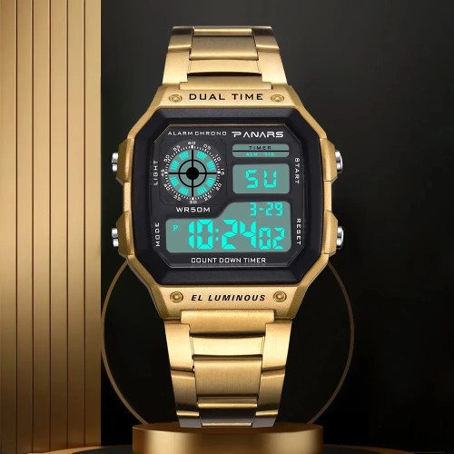 PANARS Top Luxury Stainless Steel Strap Sport Watches Mens Waterproof Back Light Digital Wristwatch Male Alarm 