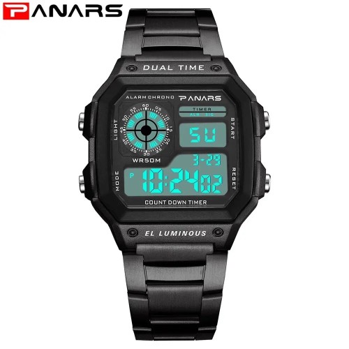 PANARS Top Luxury Stainless Steel Strap Sport Watches Mens Waterproof Back Light Digital Wristwatch Male Alarm 